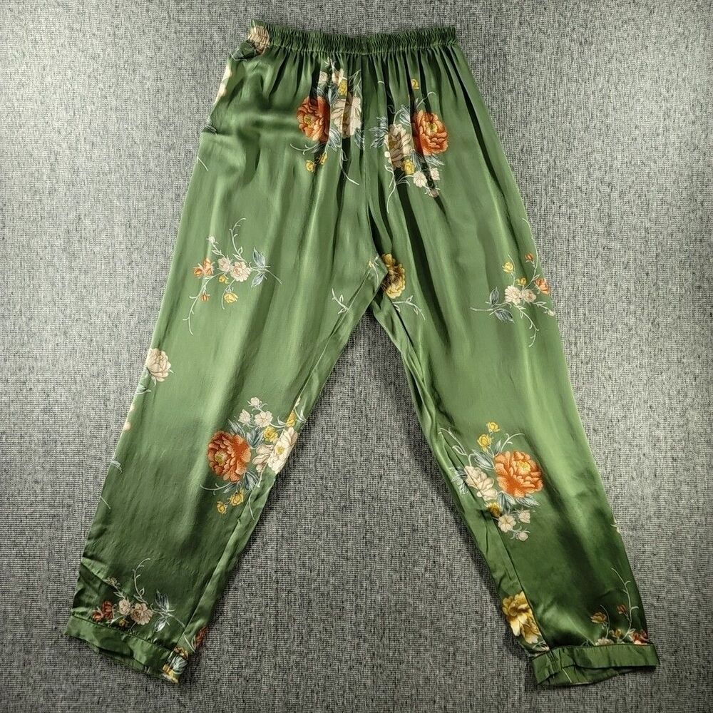 Pure Mulberry Silk Floral Pants Women XL Sage Green Cottagecore Palazzo Lounge